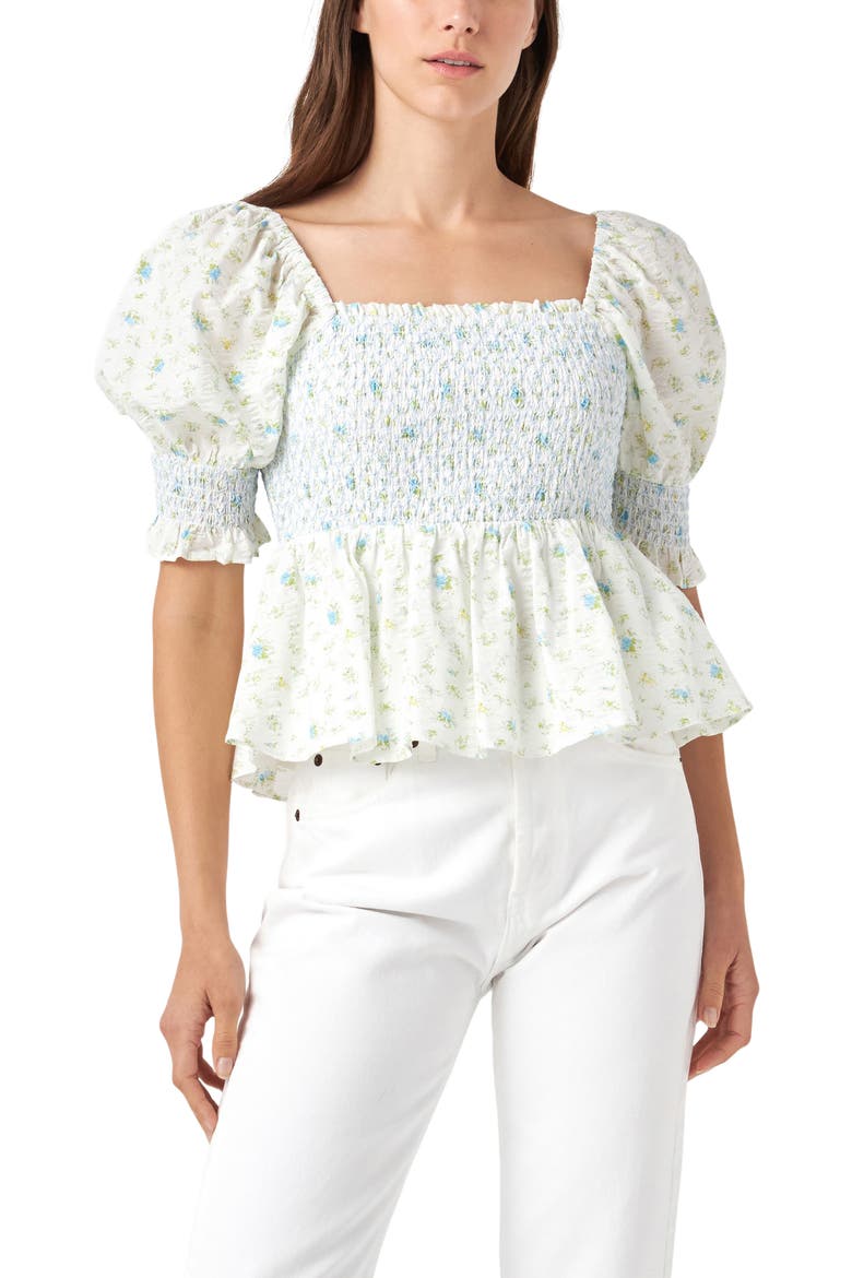 Floral Print Puff Sleeve Peplum Blouse, Alternate, color, BLUE MULTI