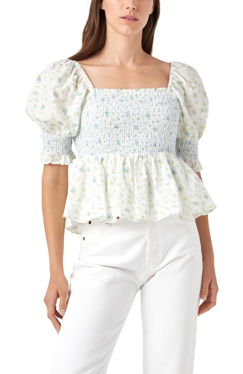 English Factory Floral Print Puff Sleeve Peplum Blouse, Alternate, color, Blue Multi