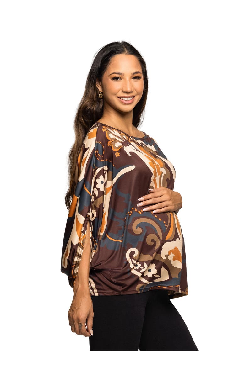 24seven Comfort Apparel Maternity Essential Paisley Print Dolman Sleeve Top, Alternate, color, Brown Multi