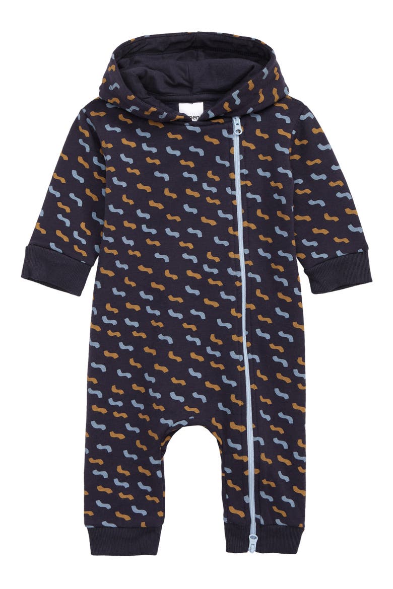 Print Hooded Romper, Main, color, NAVY CHARCOAL WAVES
