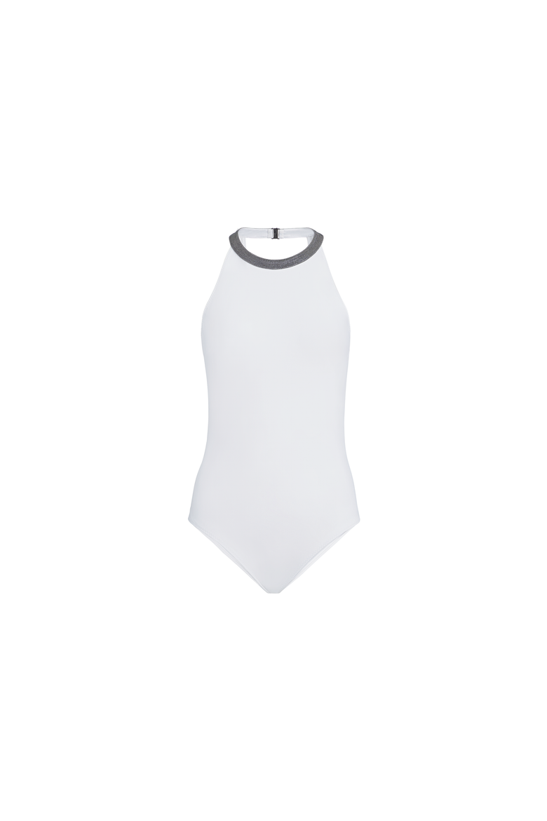 Techno jersey bathing suit with precious collar, Alternate, color, White