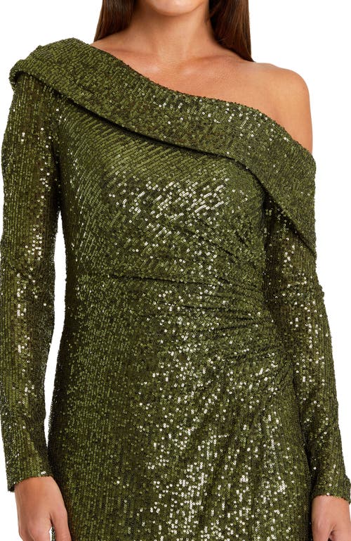 Mac Duggal One Shoulder Sequin Long Sleeve Midi Dress In Green