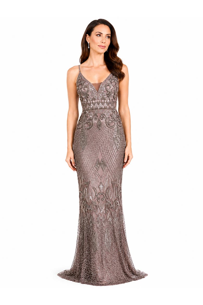 Beaded Faux-Wrap V-Neck Bridal Gown, Alternate, color, Grey