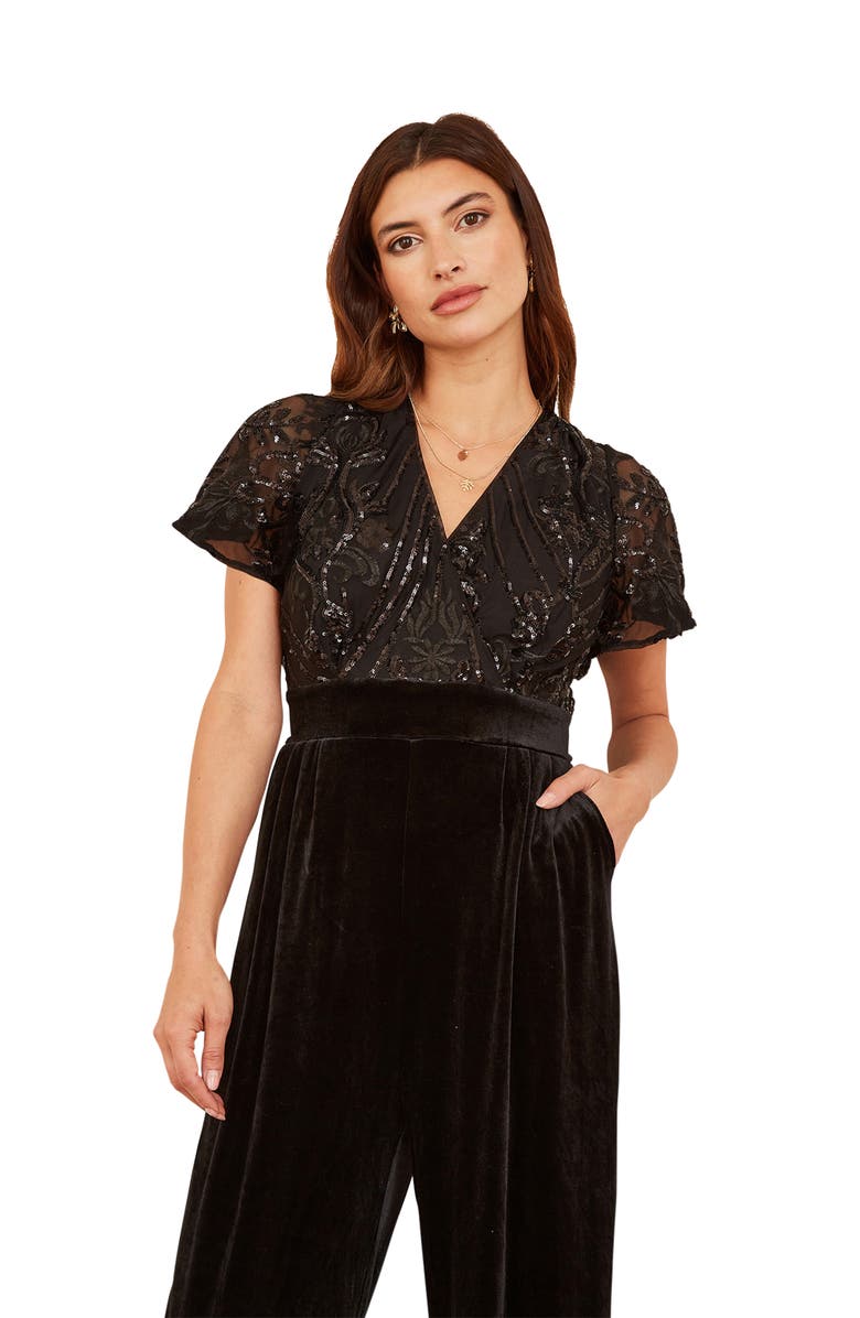 Yumi Wrap Sequin Embellished Velvet Jumpsuit, Alternate, color, Black