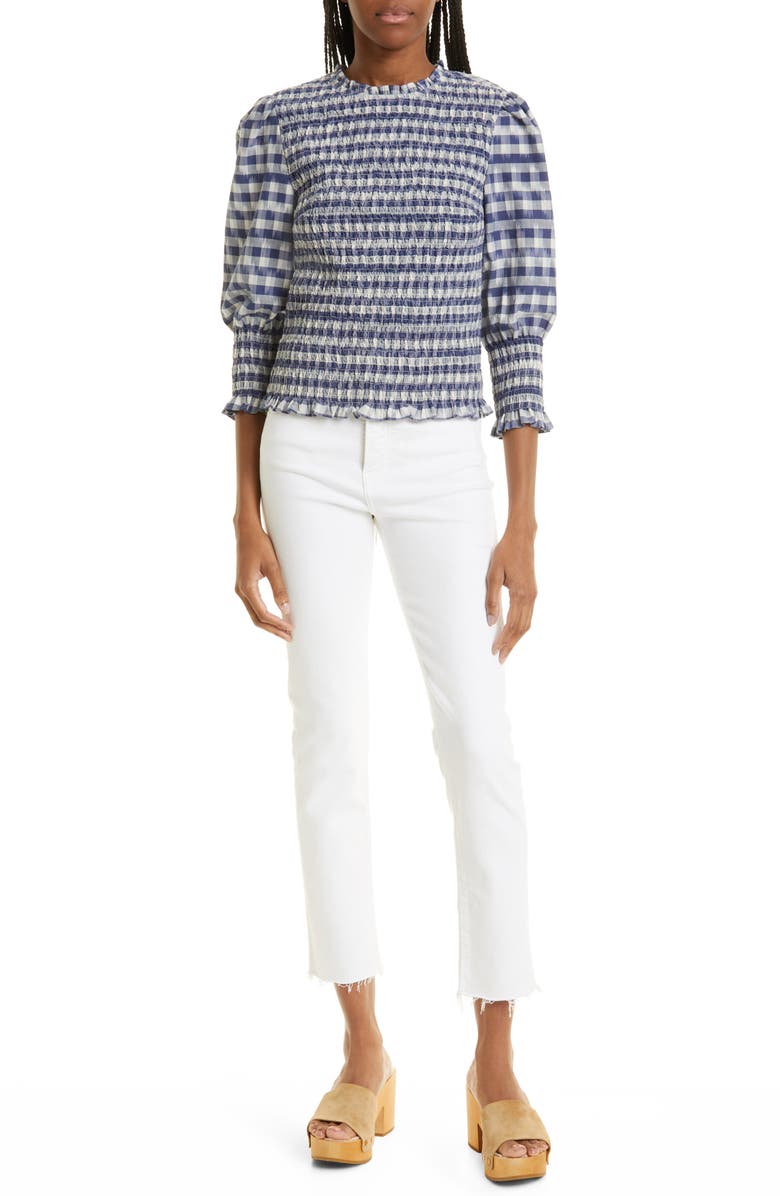 Veronica Beard Kali Smocked Blouse, Alternate, color, Blue Multi