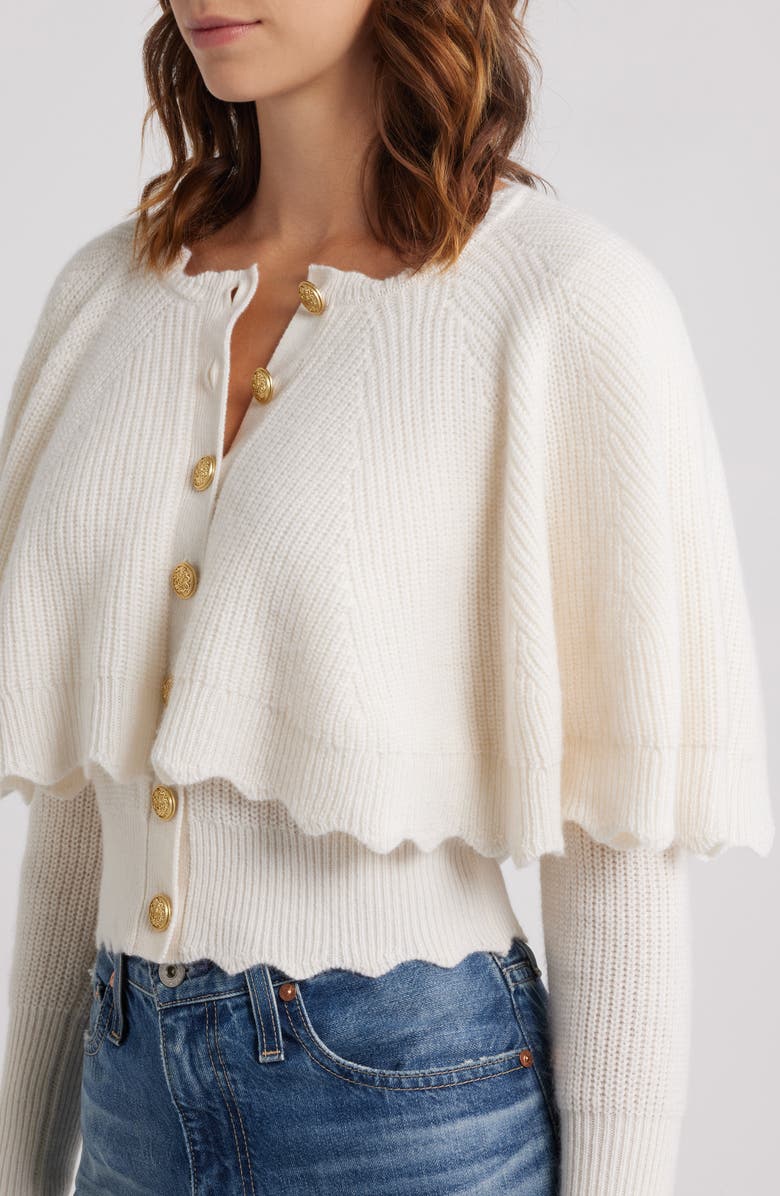 LoveShackFancy Daelyn Capelet Cashmere & Wool Cardigan, Alternate, color, Champagne
