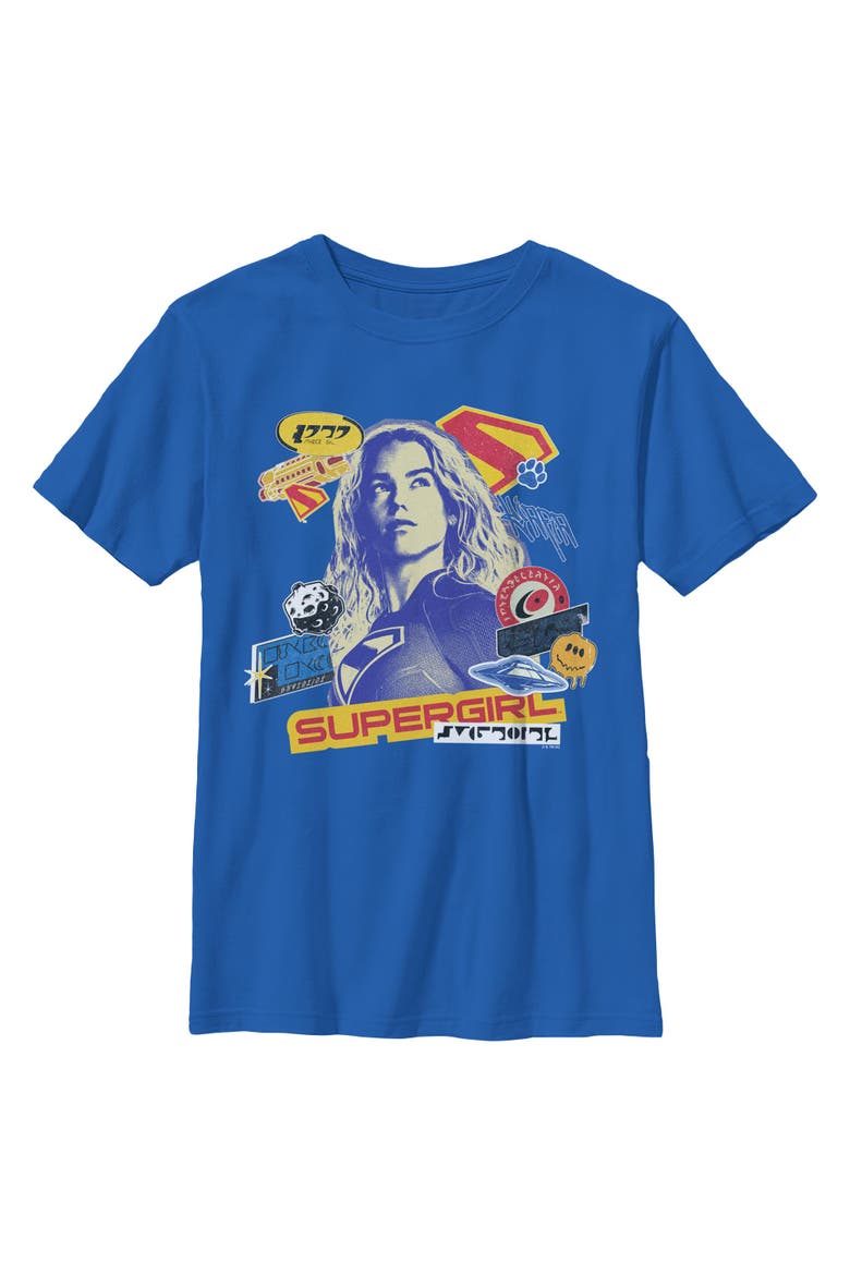 Boy's Supergirl Pop Art Stickers and Badges  Graphic T-Shirt, Main, color, Royal Blue
