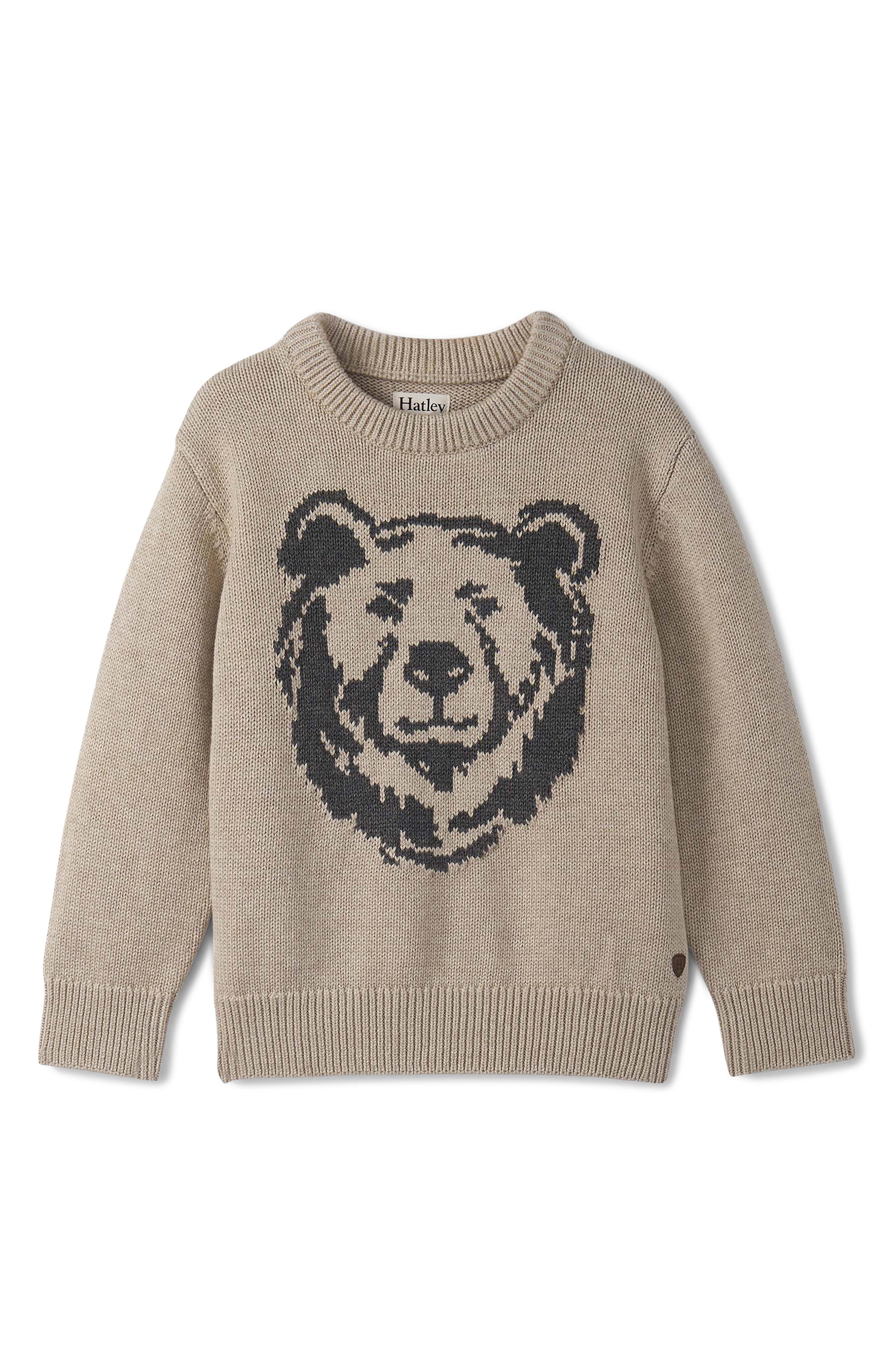 Hatley Kids' Bear Intarsia Cotton Crewneck Sweater in Oatmeal Melange 