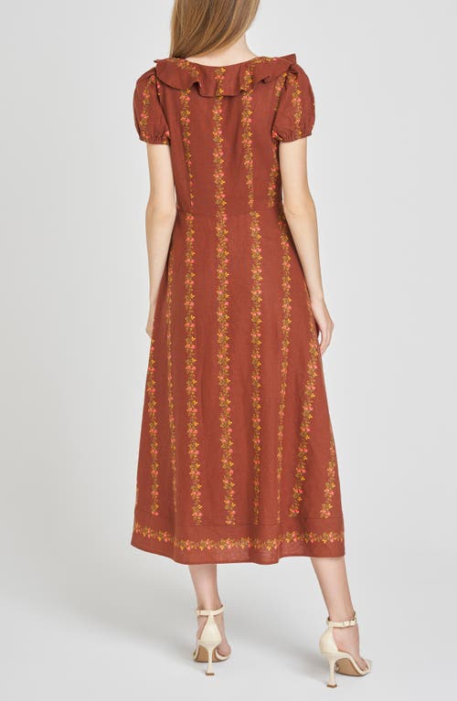 Wayf Fern Floral Linen Blend Midi Dress In Brown