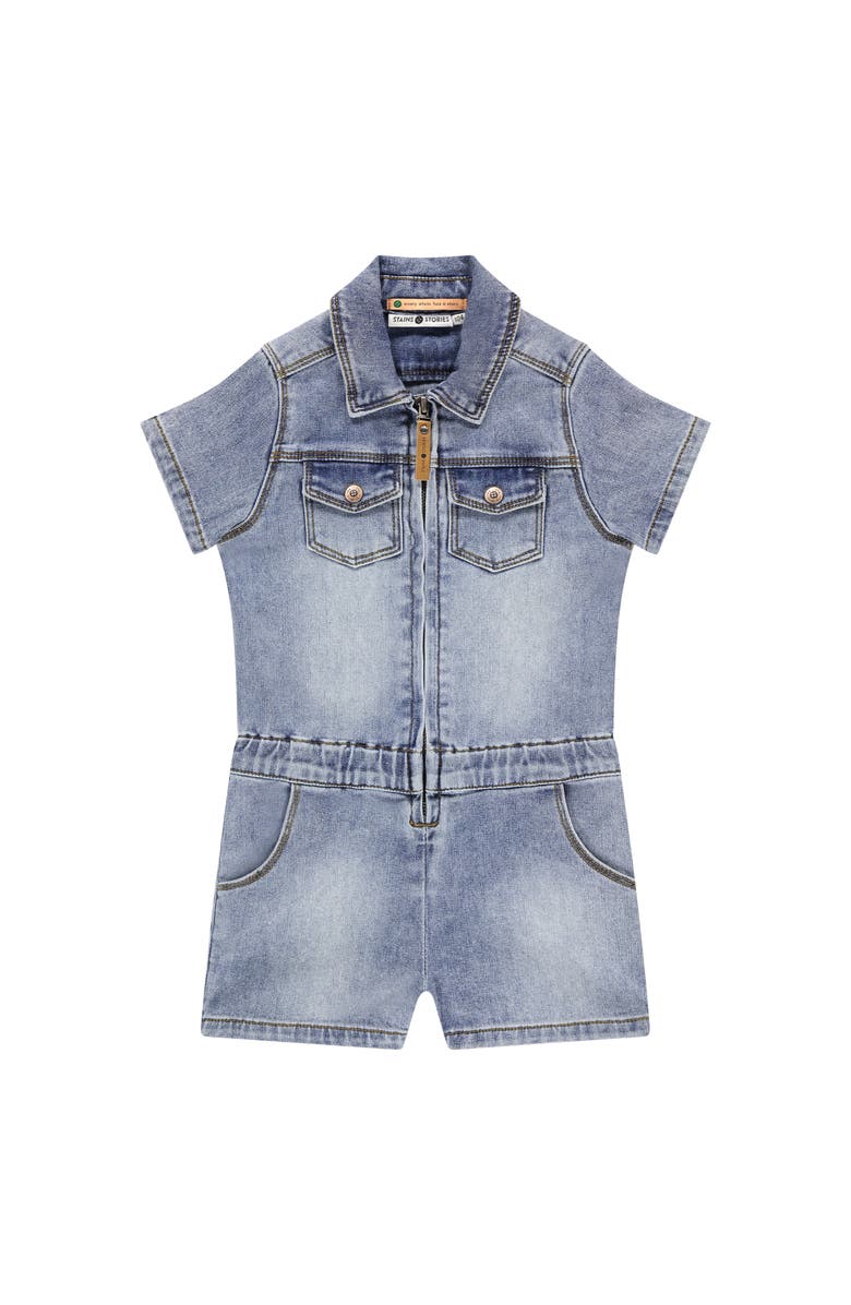 Stains and Stories by Babyface Light Wash Denim Romper, Main, color, Light Blue Denim