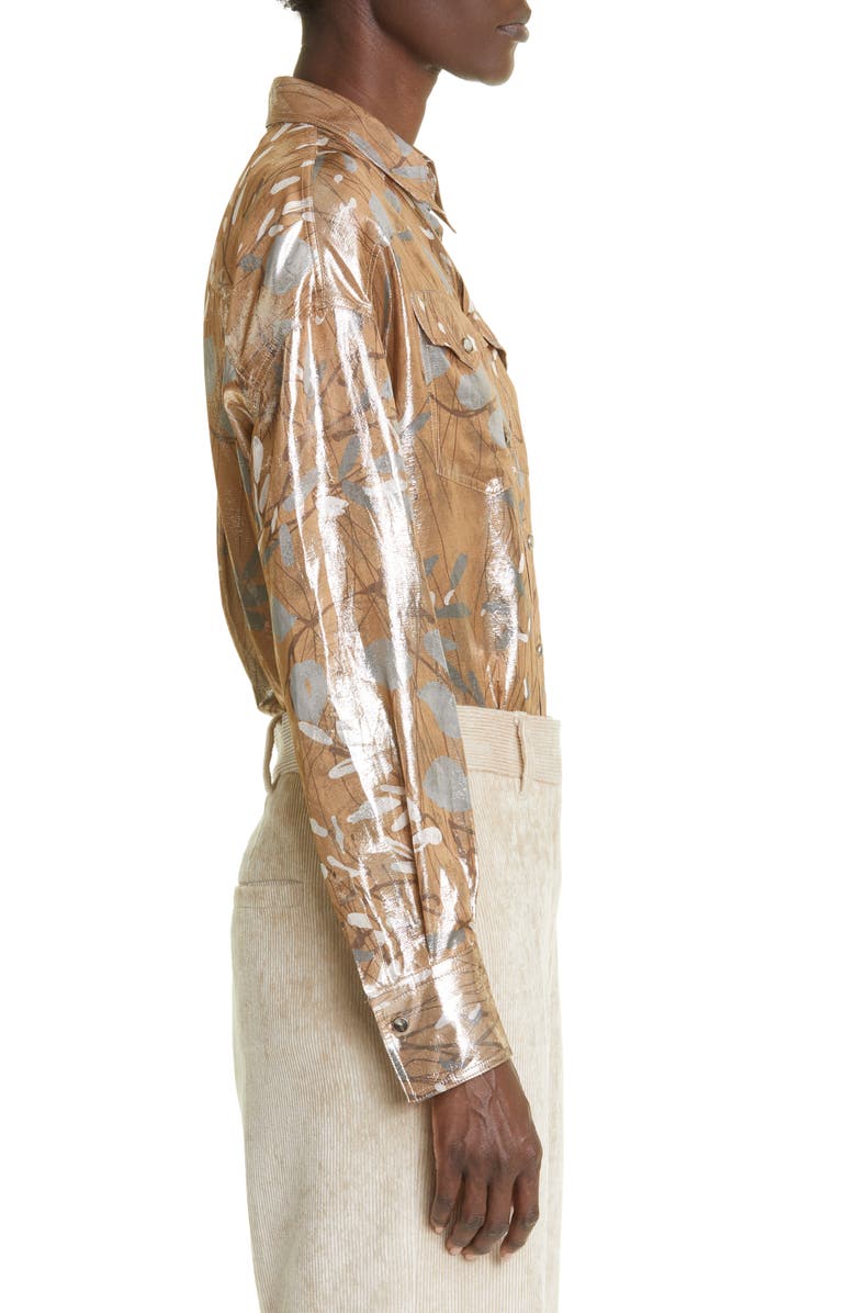 Brunello Cucinelli Metallic Leaf Print Silk Blend Button-Up Blouse, Alternate, color,