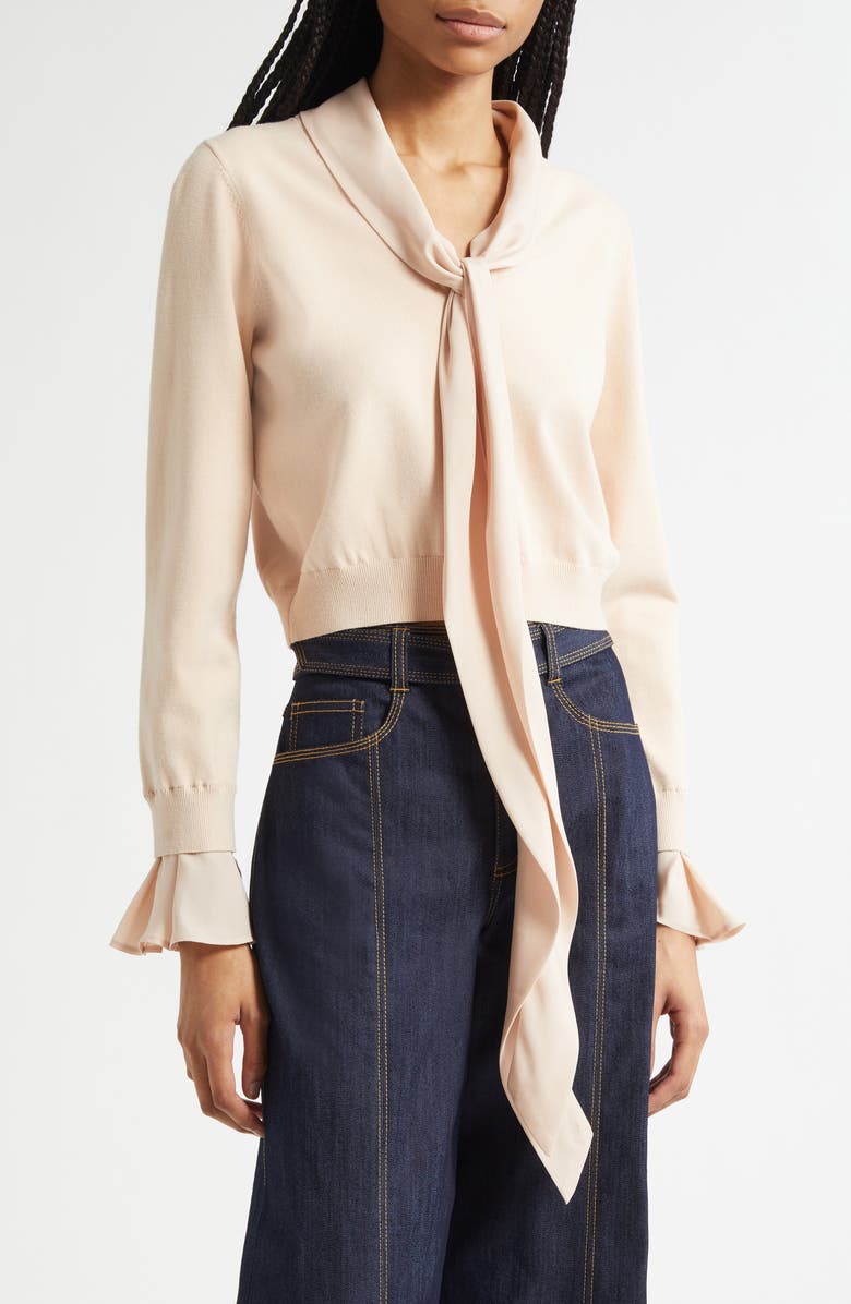 Cinq à Sept Lenu Tie Neck Crop Sweater, Main, color, Blush Dune