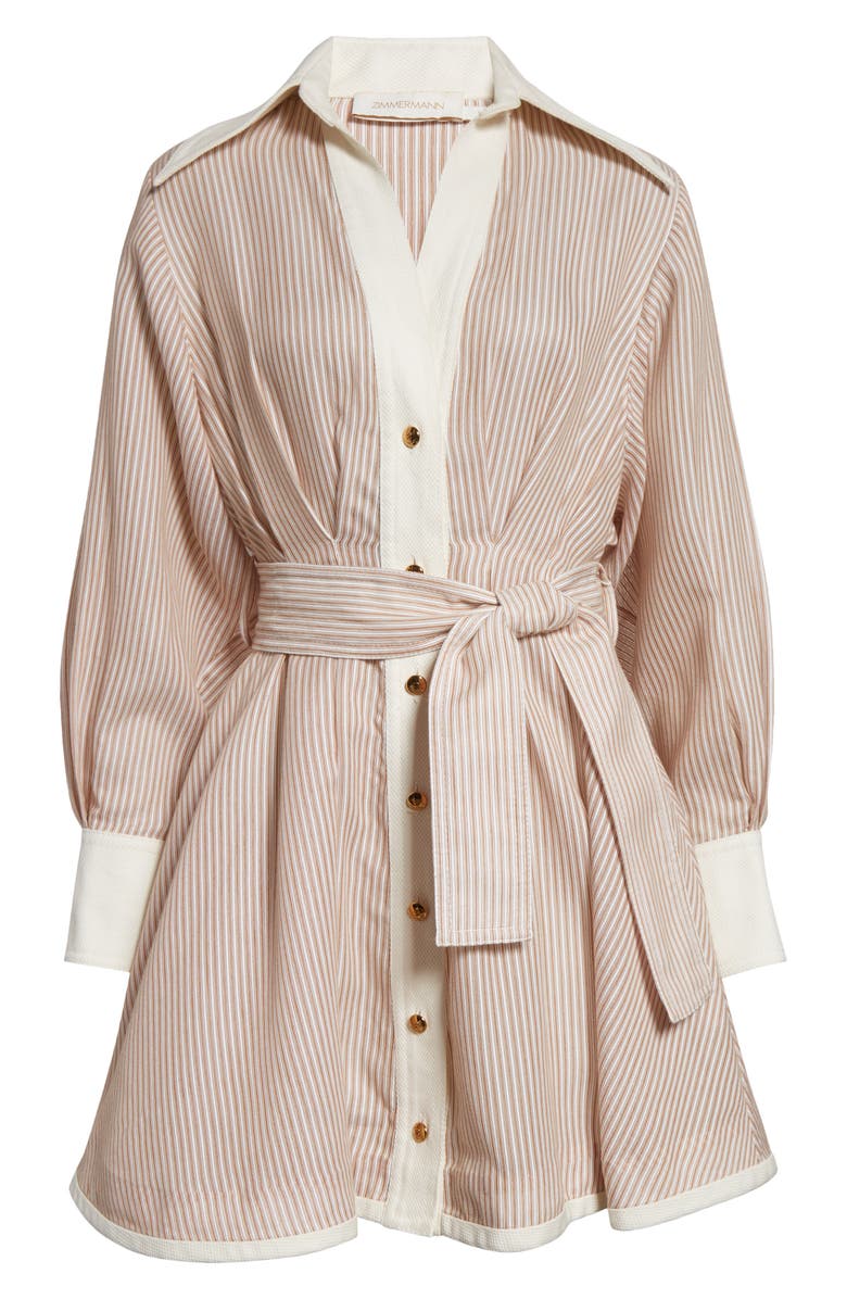 Zimmermann Hypnotic Stripe Long Sleeve Belted Cotton & Silk Minidress, Alternate, color, Tan Stripe
