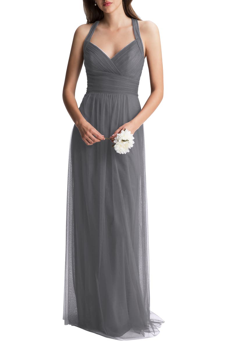Crisscross Strap Tulle A-Line Gown, Main, color, PEWTER