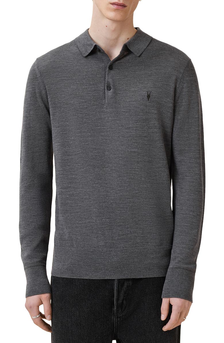 AllSaints Mode Merino Wool Polo Sweater, Main, color, Monument Grey