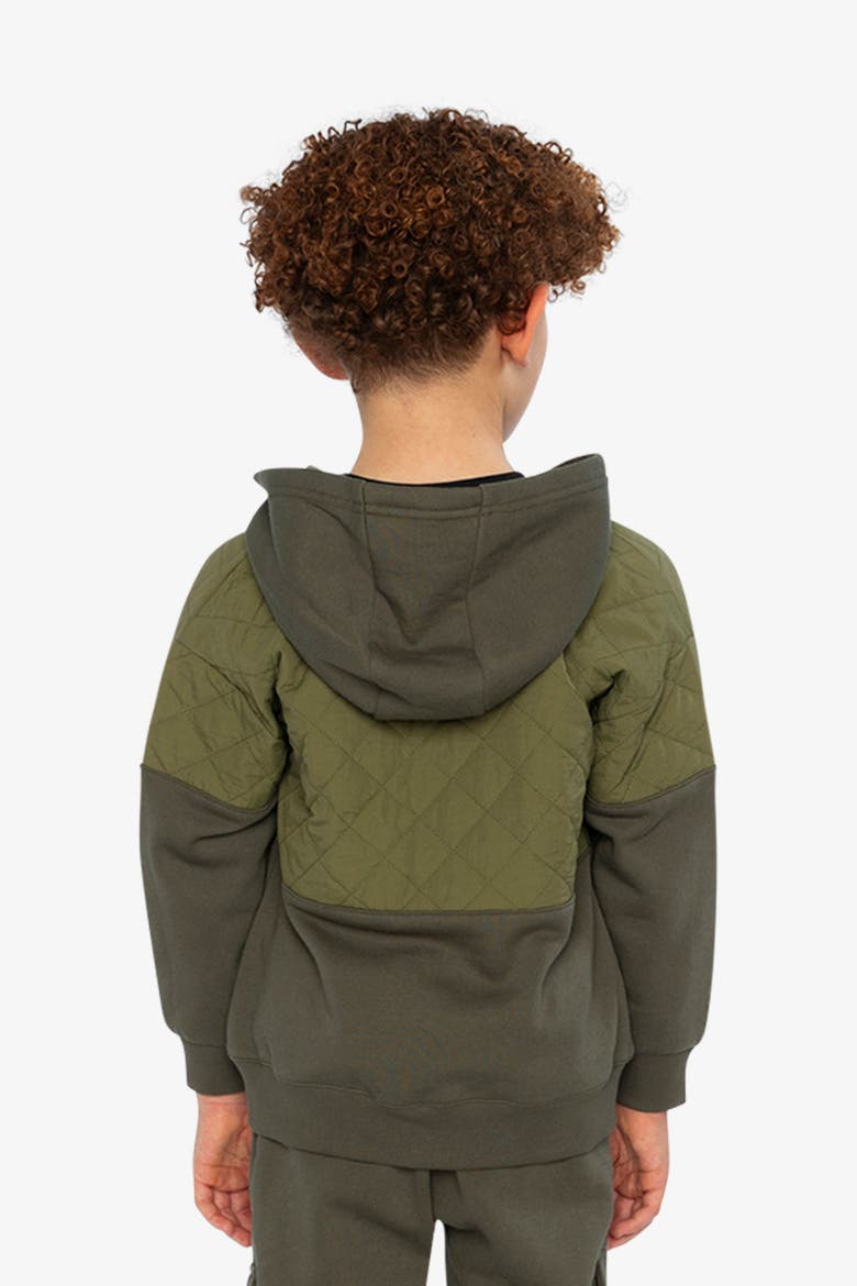 Full Zip Hooded Bi-Material Quilted Panel Cardigan, Alternate, color, Green