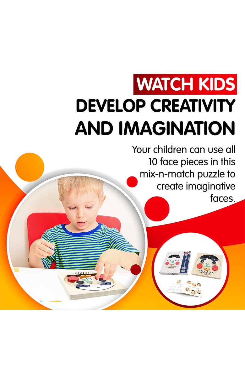 Leo & Friends Funny Faces Educational Wooden Puzzle for Toddlers | 10-Piece Safe Puzzle with Wooden Board, Makes Funny Faces, Alternate, color, Red