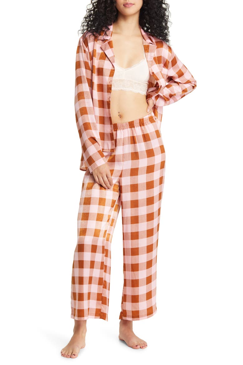 Satin Pajama Set, Alternate, color, BROWN BUCKTHORN SANDY PLAID