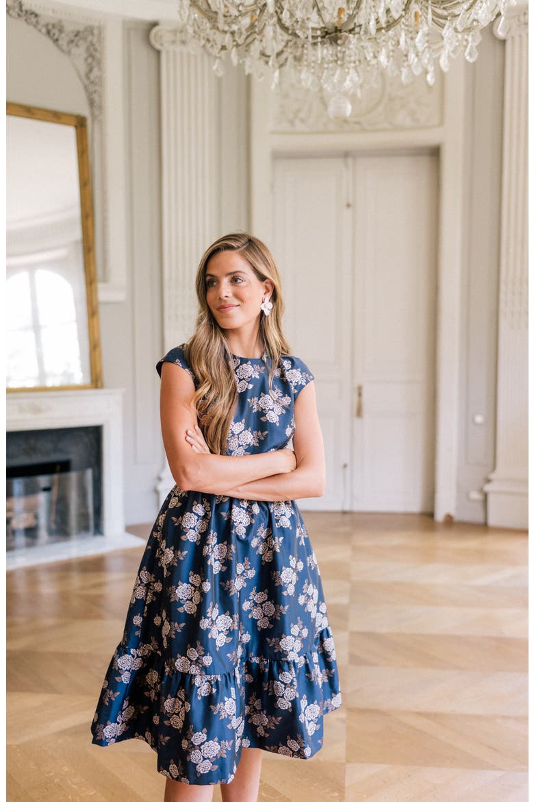 Jenny Wallpaper Rose Jacquard Fit & Flare Dress, Alternate, color, NAVY