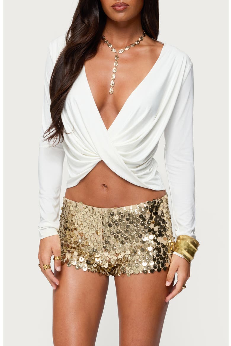 Twist Front V-Neck Long Sleeve Crop Top, Main, color, CREAM