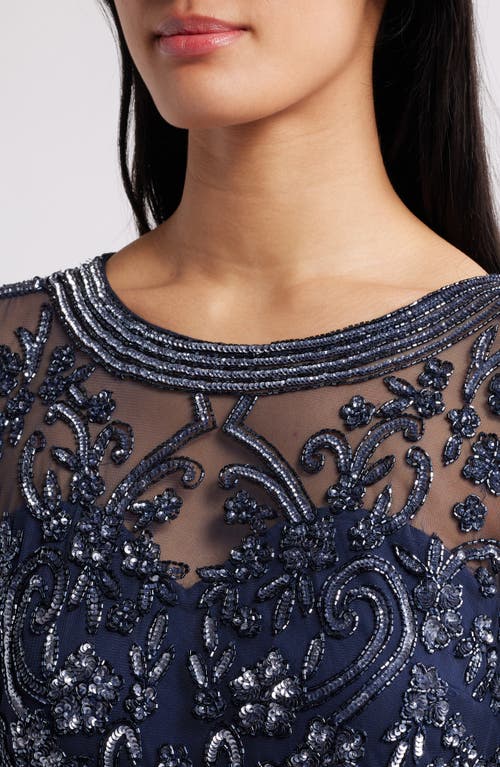 Pisarro Nights Beaded Illusion Neck Taffeta Cocktail Dress In Navy