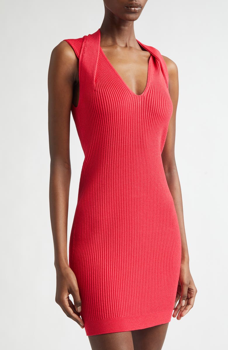 Balmain Twist V-Neck Rib Sweater Minidress, Alternate, color, Live Fuchsia