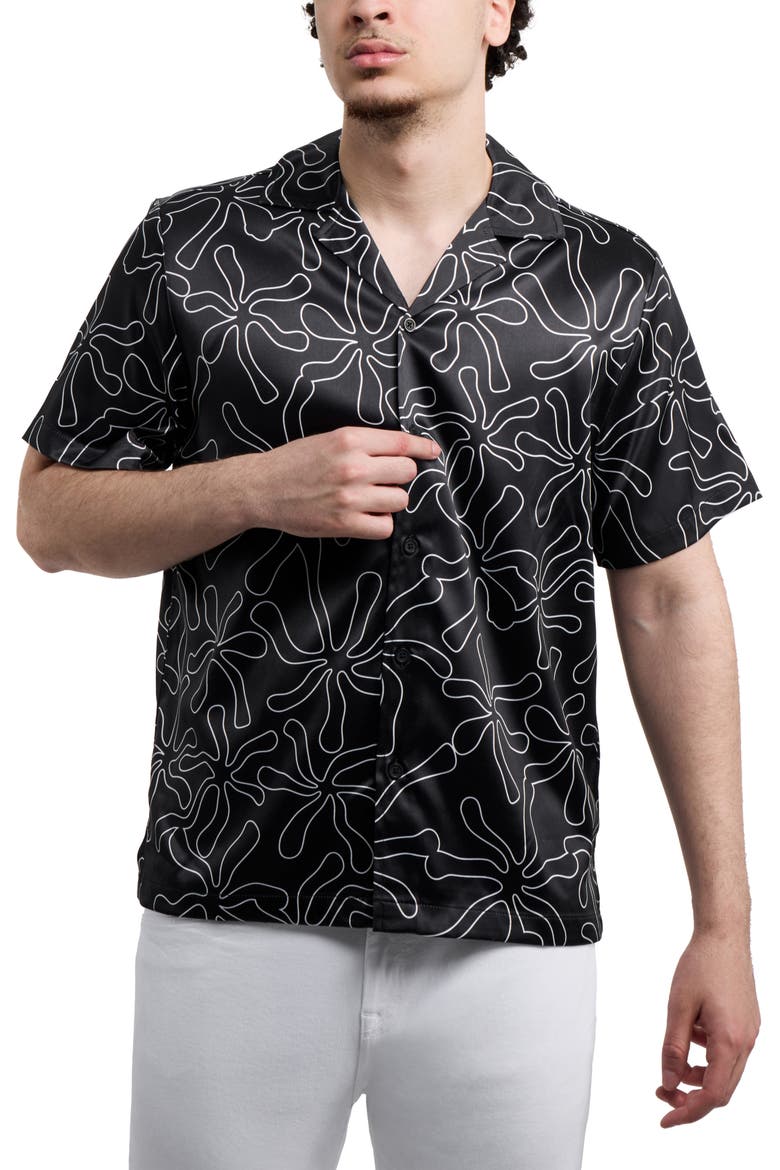 Flower Clouds Printed Camp Shirt, Alternate, color, BLACK