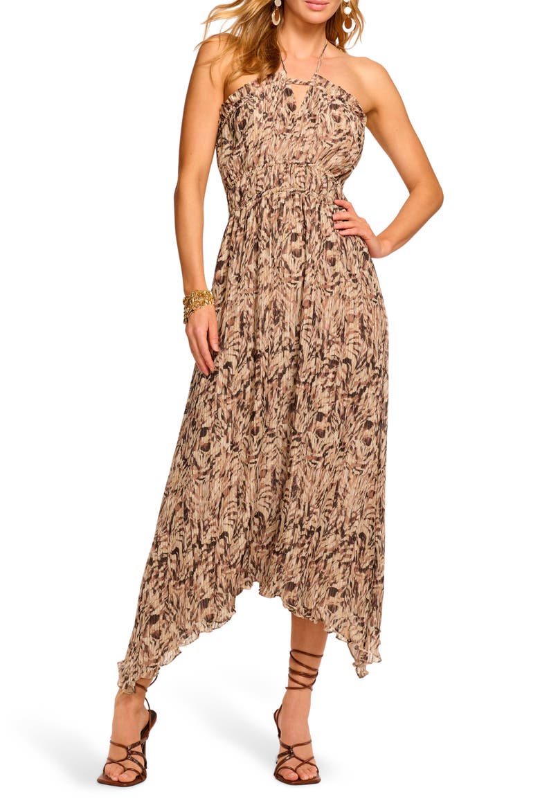 Gabriela Abstract Print Handkerchief Hem Halter Dress, Main, color, BAJA BROWN TULUM