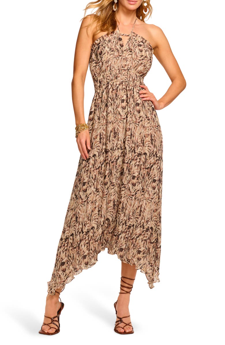 Ramy Brook Gabriela Abstract Print Handkerchief Hem Halter Dress, Main, color, Baja Brown Tulum