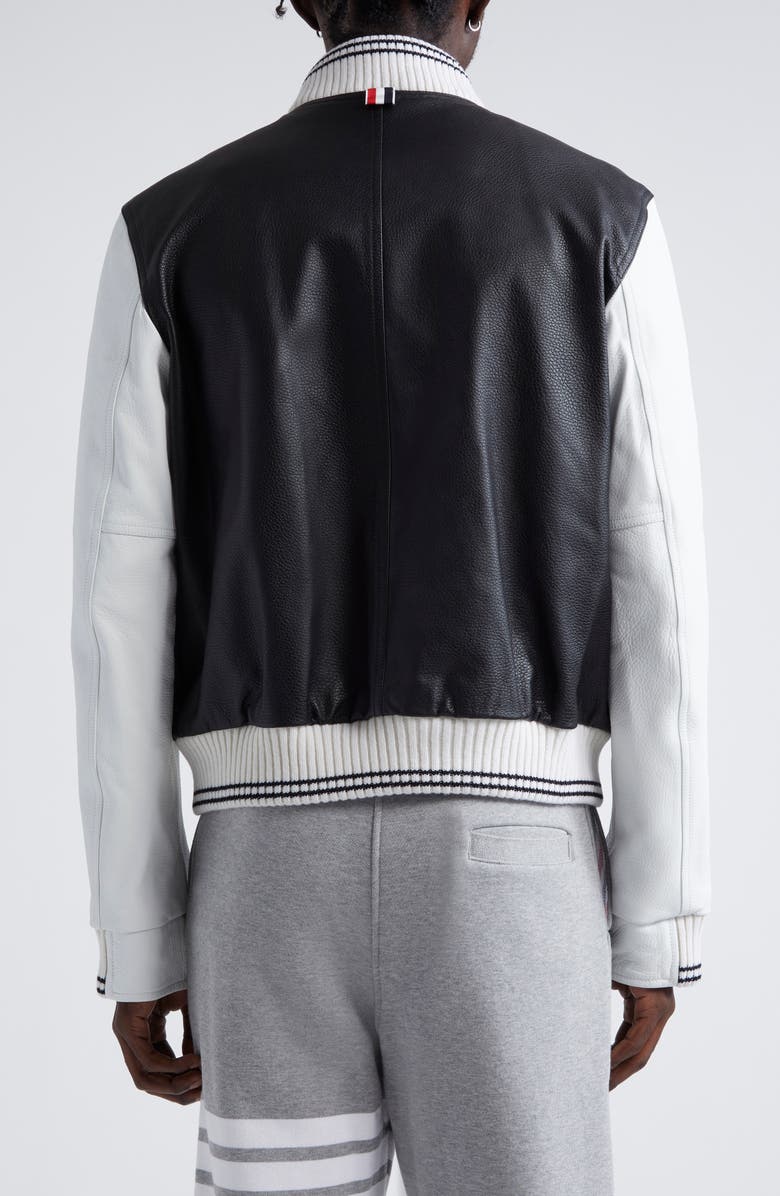 Thom Browne Mixed Media Leather & Wool Bomber Jacket, Alternate, color, Black