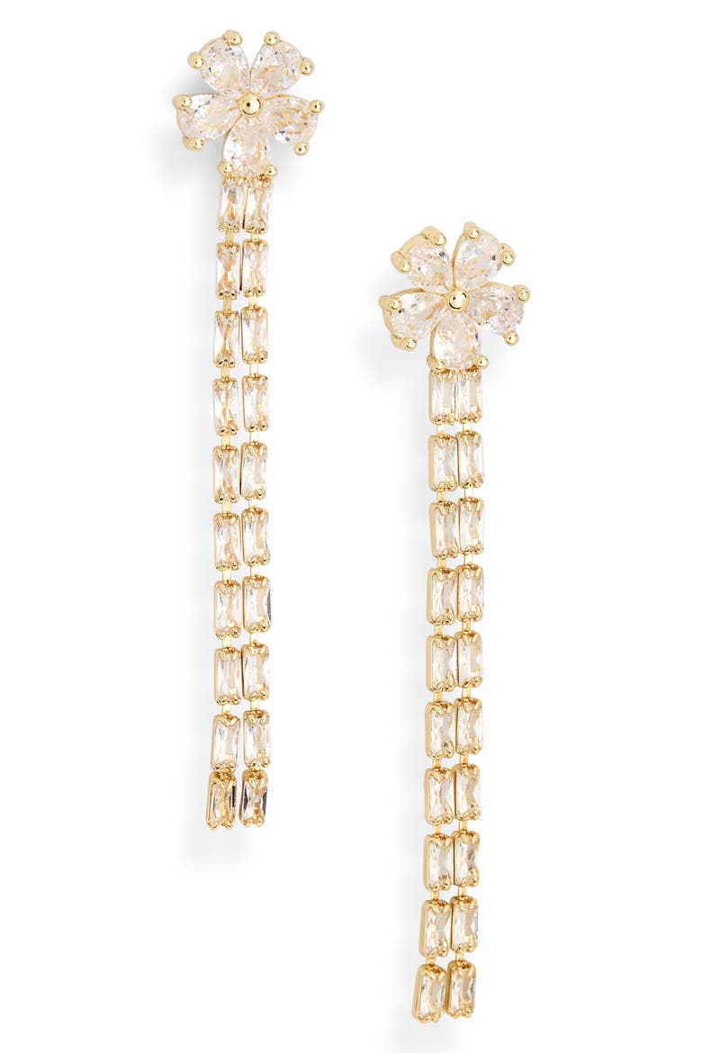 Cubic Zirconia Flower Linear Drop Earrings, Main, color, CLEAR- GOLD
