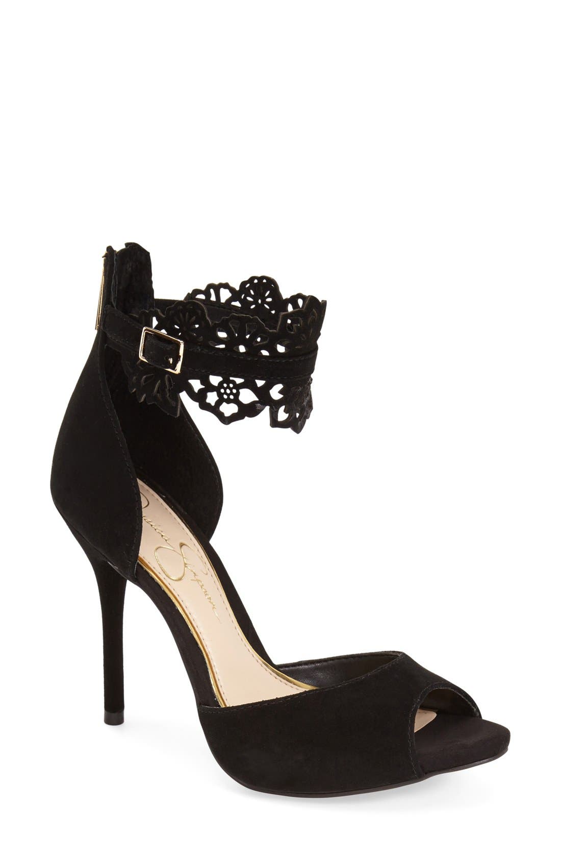Jessica Simpson 'Bonney' Cutout Ankle Strap Pump, Main, color, BLACK SUEDE