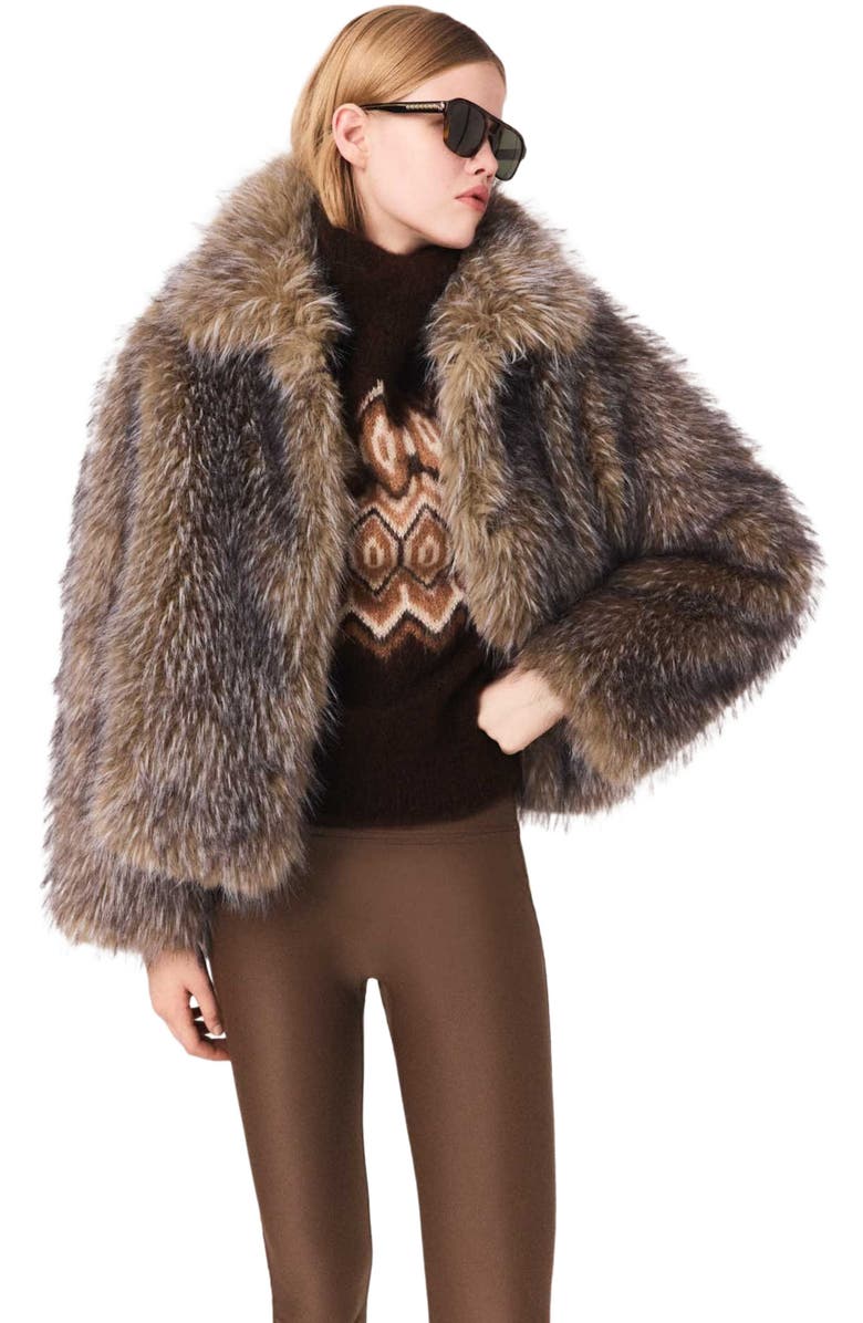 maje Short faux fur coat, Main, color, Brown/Grey