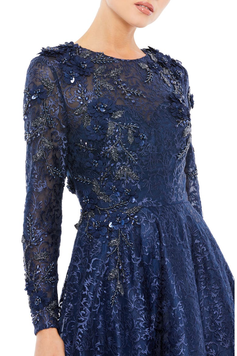 Floral Embroidered & Beaded Long Sleeve Mesh Gown, Alternate, color, NAVY
