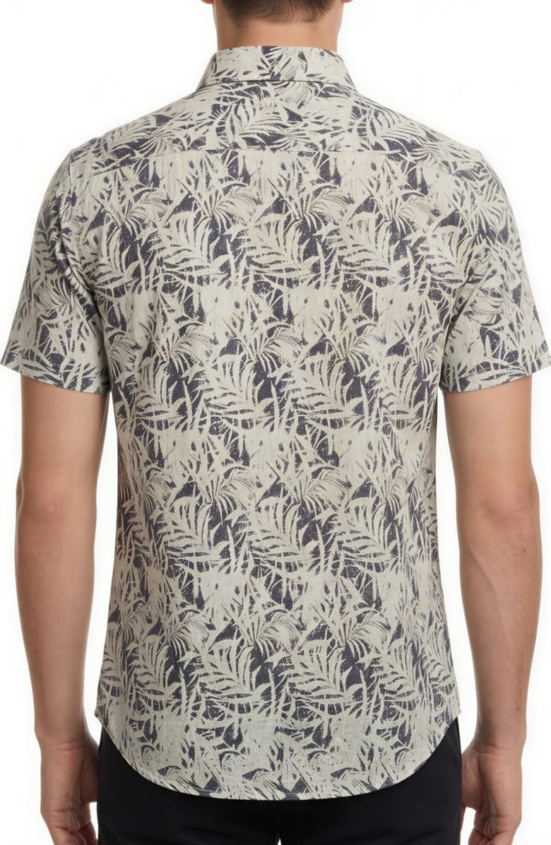 Report Collection Leaf Print Short Sleeve Linen & Cotton Blend Button-Up Shirt, Alternate, color, Navy
