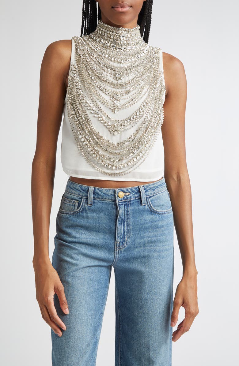 L'AGENCE Yun Draped Crystal Sleeveless Crop Top, Main, color, 