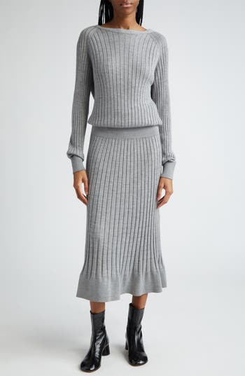 Proenza Schouler Eden Long Sleeve Reversible Merino Wool & Silk Rib Midi Dress In Light Grey Melange