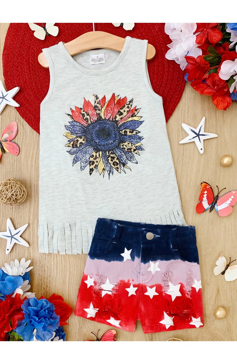 Mia Belle Girls Girls American Flower Denim Shorts Set, Alternate, color, Grey