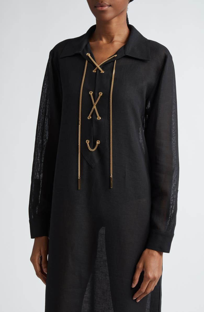 Michael Kors Collection Lace-Up Chain Long Sleeve Linen Gauze Shirtdress, Alternate, color, 