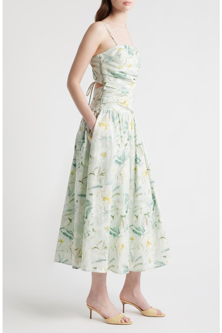 Marlowe Floral Cutout Back Drop Waist Midi Dress, Alternate, color, SAGE WHITE YELLOW