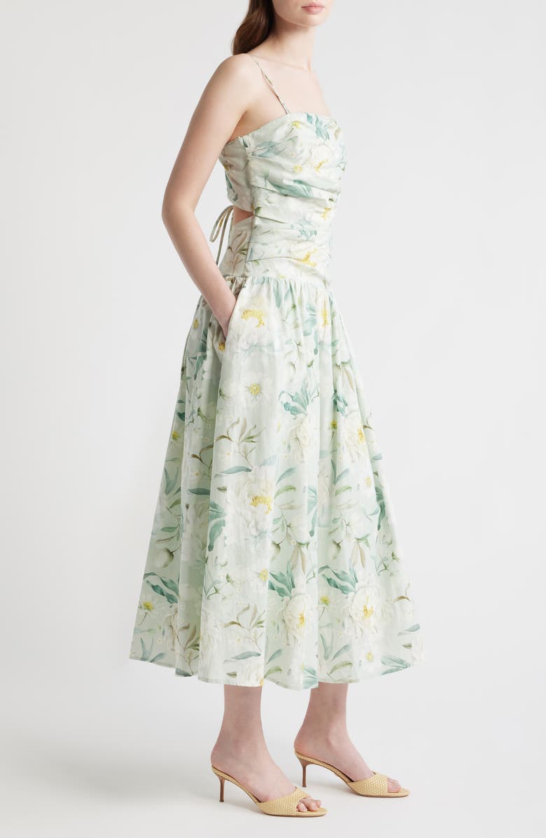 En Saison Marlowe Floral Cutout Back Drop Waist Midi Dress, Alternate, color, Sage White Yellow