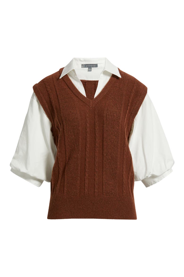 Mixed Media Elbow Sleeve Shirt & Sweater Vest, Alternate, color, COPPER/ OFF WHITE