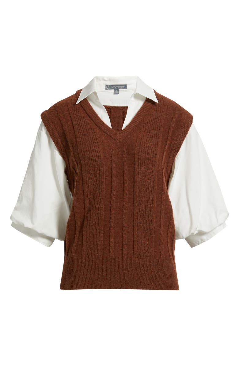 Wit & Wisdom Mixed Media Elbow Sleeve Shirt & Sweater Vest, Alternate, color, Copper/ Off White