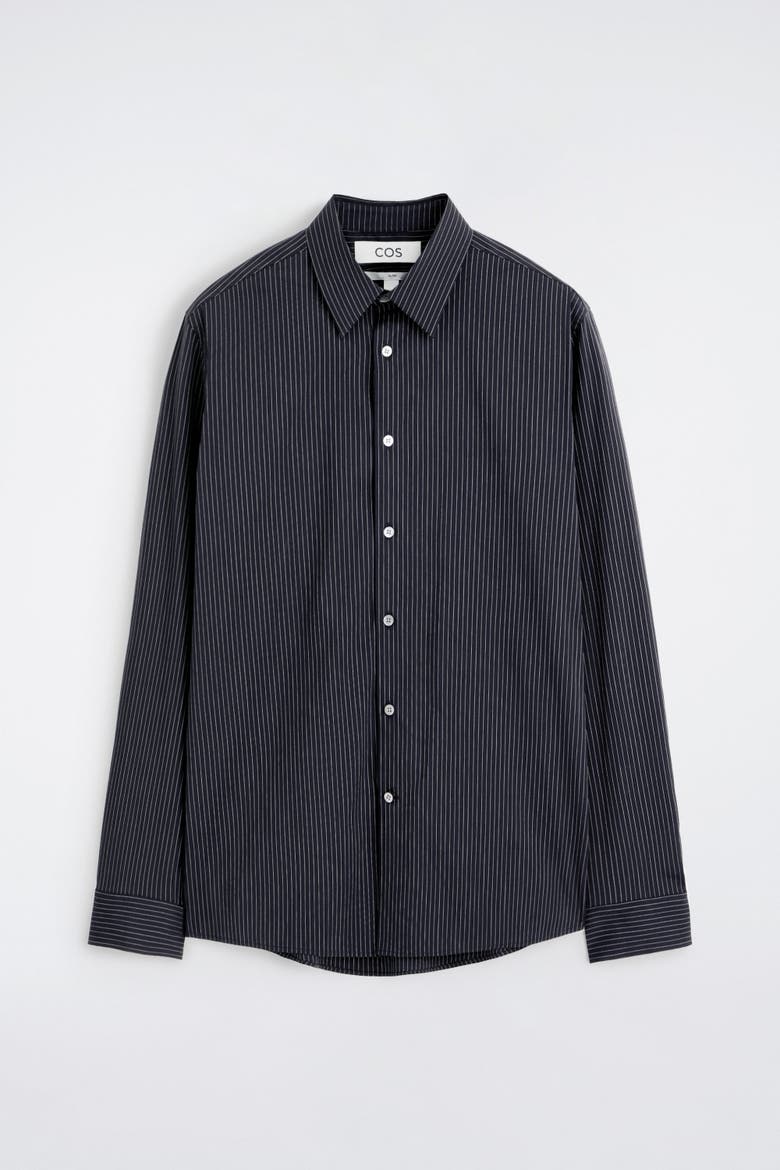 Slim Tailored Cotton-poplin Shirt, Alternate, color, NAVY / PINSTRIPED