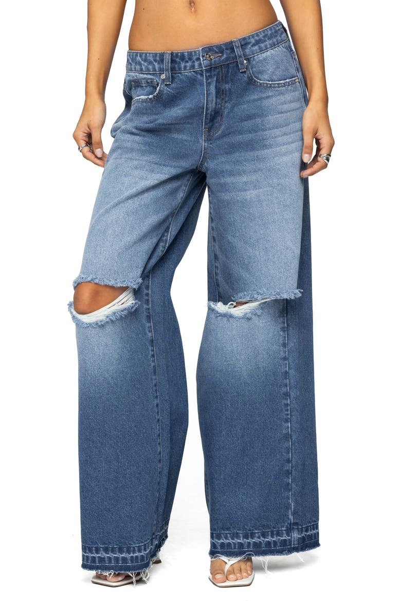 Xenia Ripped Low Rise Wide Leg Jeans, Main, color, BLUE