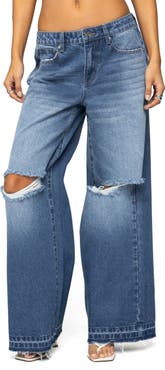 EDIKTED Xenia Ripped Low Rise Wide Leg Jeans