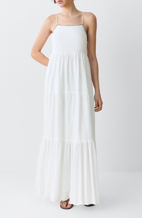 Sequin Beaded Trim Tiered Maxi Dress