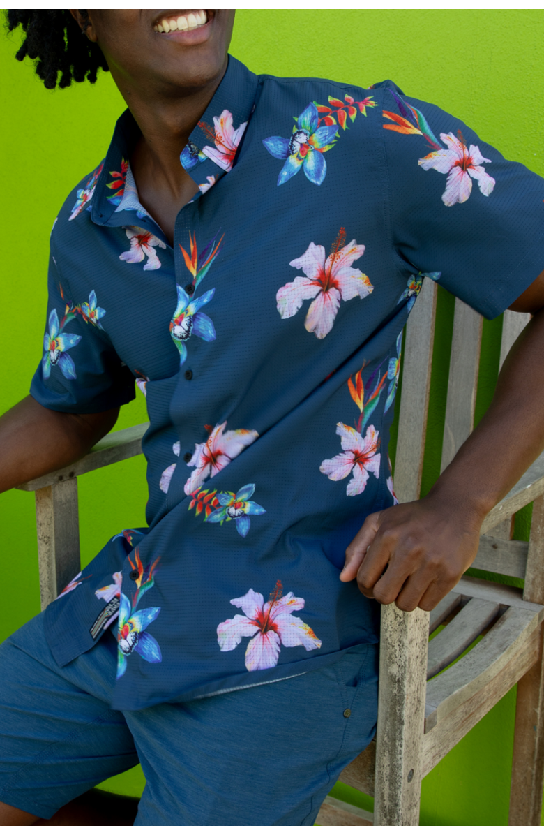 Baja Llama Flower Powers - Mojave Button Up, Alternate, color, Navy