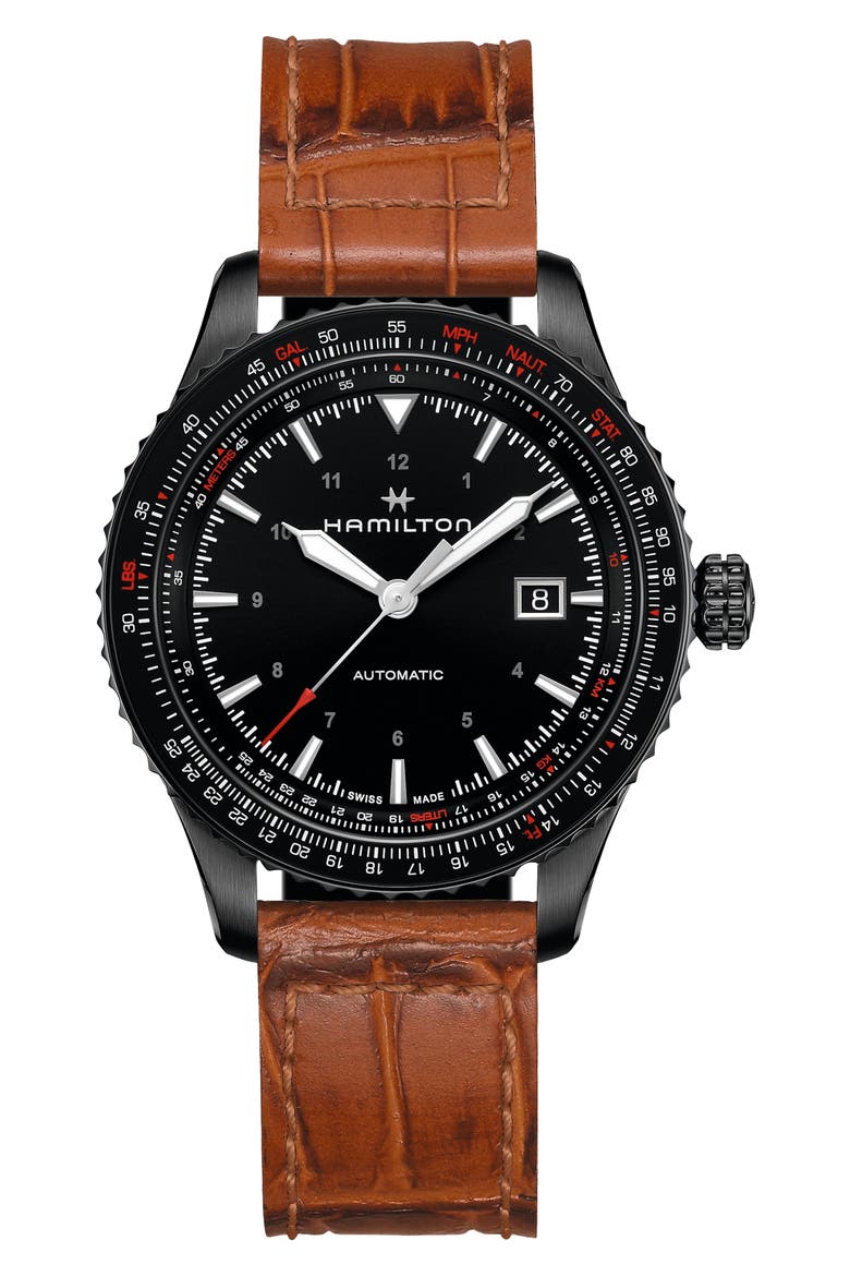 Khaki Aviation Converter Leather Strap Watch, 42mm, Main, color, BROWN