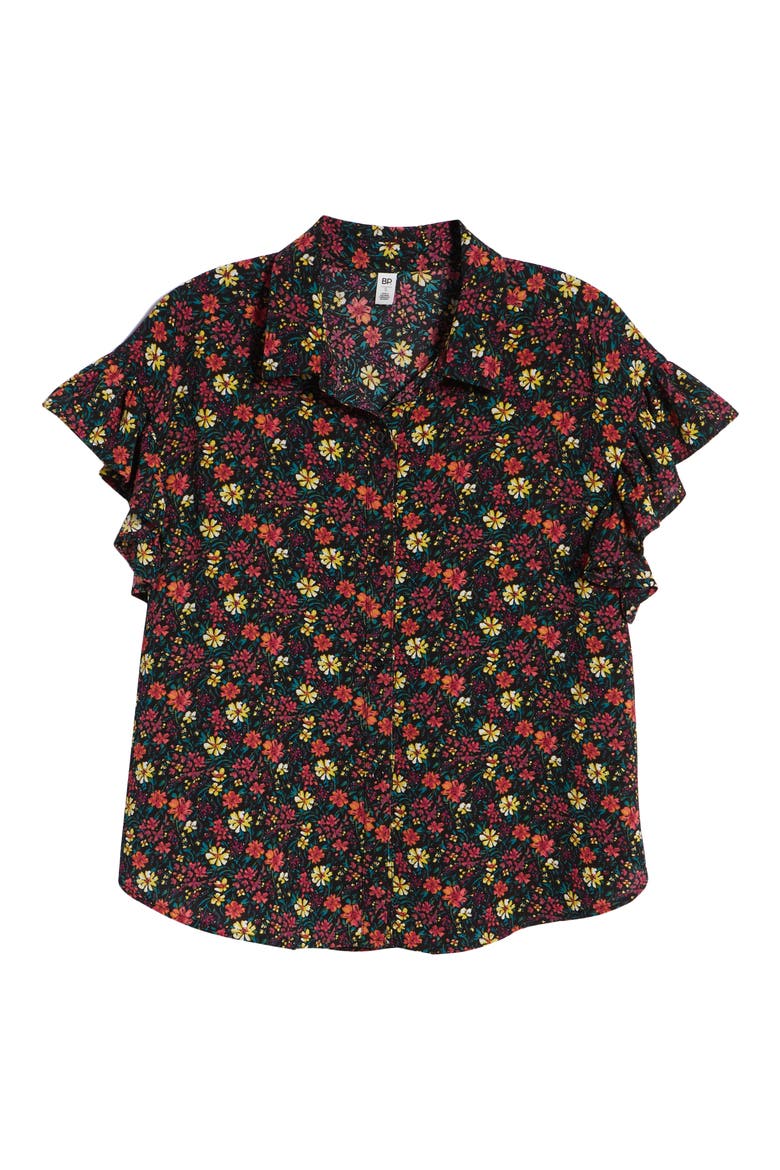 Ruffle Sleeve Print Shirt, Alternate, color, BLACK MIX N MATCH A
